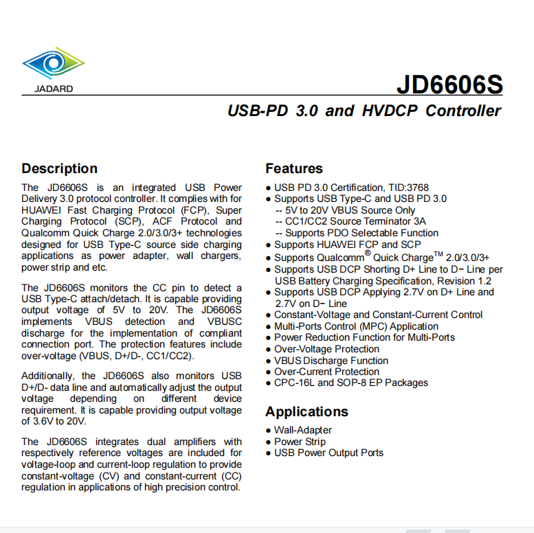 20W PD協議芯片 JD6606SASP多協議控制器 20W PD協議芯片 JD6606SASP多協議控制器
