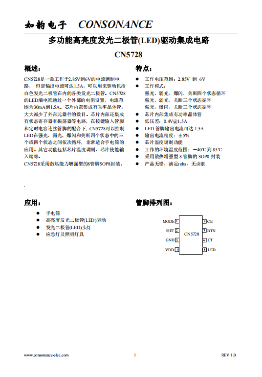 CN5728:寬電壓LED驅動電路,30mA至1.5A可調恒流輸出 CN5728:寬電壓LED驅動電路,30mA至1.5A可調恒流輸出