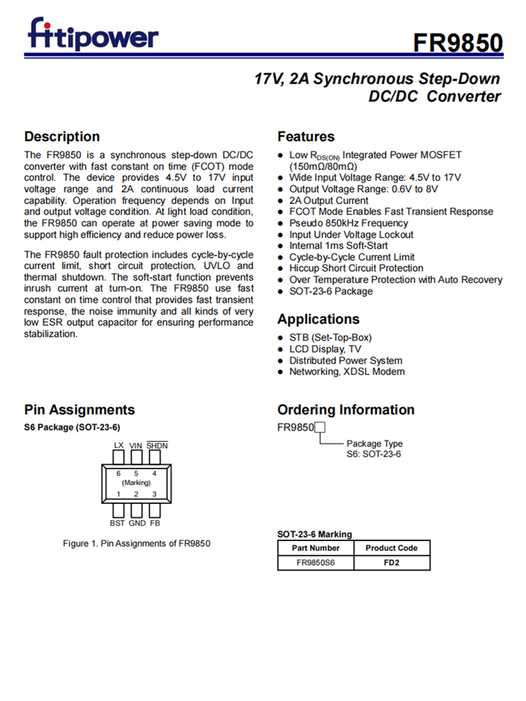 FR9850 2A同步降壓DC/DC轉換器 FR9850 2A同步降壓DC/DC轉換器