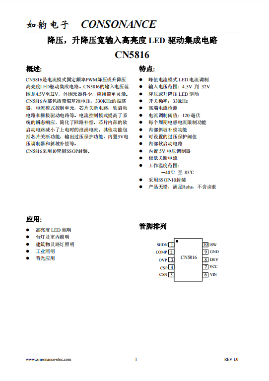 CN5816:寬壓PWM LED驅動IC,固定頻率,高效能,多保護機制 CN5816:寬壓PWM LED驅動IC,固定頻率,高效能,多保護機制