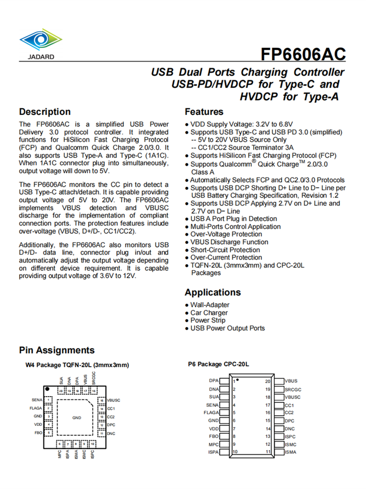 FP6606AC USB-PD 3.0協(xié)議控制器 支持USB Type-A、USB Type-C 快速充電協(xié)議IC芯片
