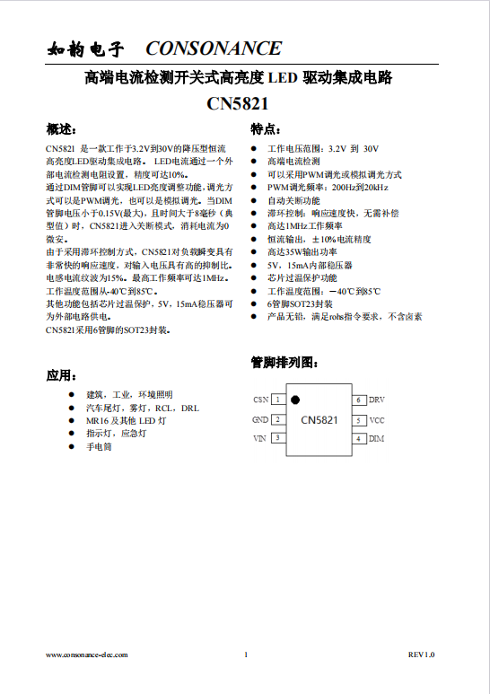 CN5821:3.2V至30V寬壓范圍,高精度恒流LED驅動IC CN5821:3.2V至30V寬壓范圍,高精度恒流LED驅動IC