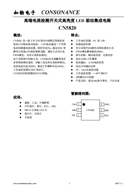 CN5820:4V至28V寬壓恒流LED驅動IC,5%高精度,支持PWM與模擬調光 CN5820:4V至28V寬壓恒流LED驅動IC,5%高精度,支持PWM與模擬調光