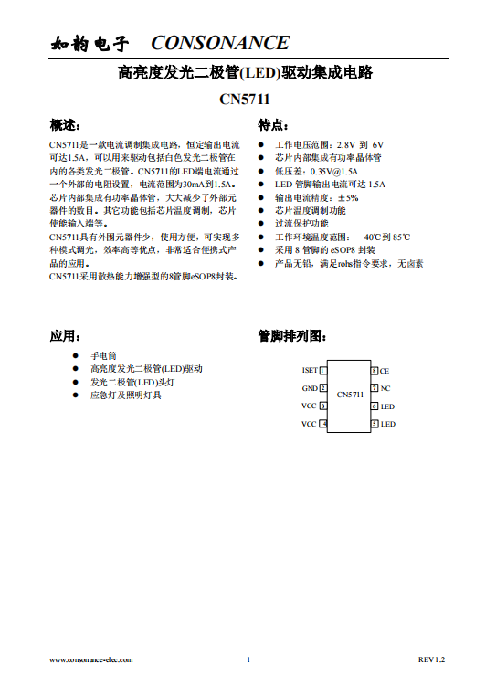 CN5711:集成化高性能LED電流調制電路,支持1.5A恒定輸出與廣泛電流調節 CN5711:集成化高性能LED電流調制電路,支持1.5A恒定輸出與廣泛電流調節