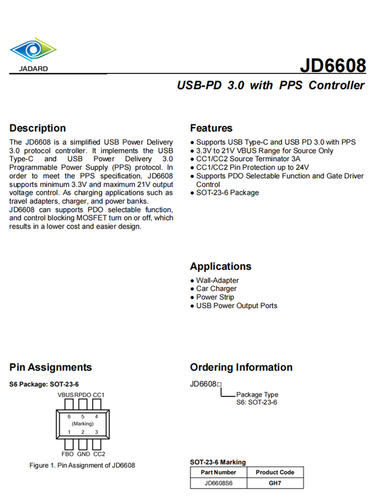 JD6608 協議控制IC USB-PD 3.0與PPS控制器 JD6608 協議控制IC USB-PD 3.0與PPS控制器
