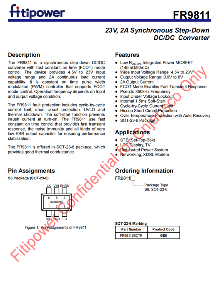 FR9811 2A同步降壓IC DC-DC轉換器 SOT23-6 百盛電子代理商 FR9811 2A同步降壓IC DC-DC轉換器 SOT23-6 百盛電子代理商