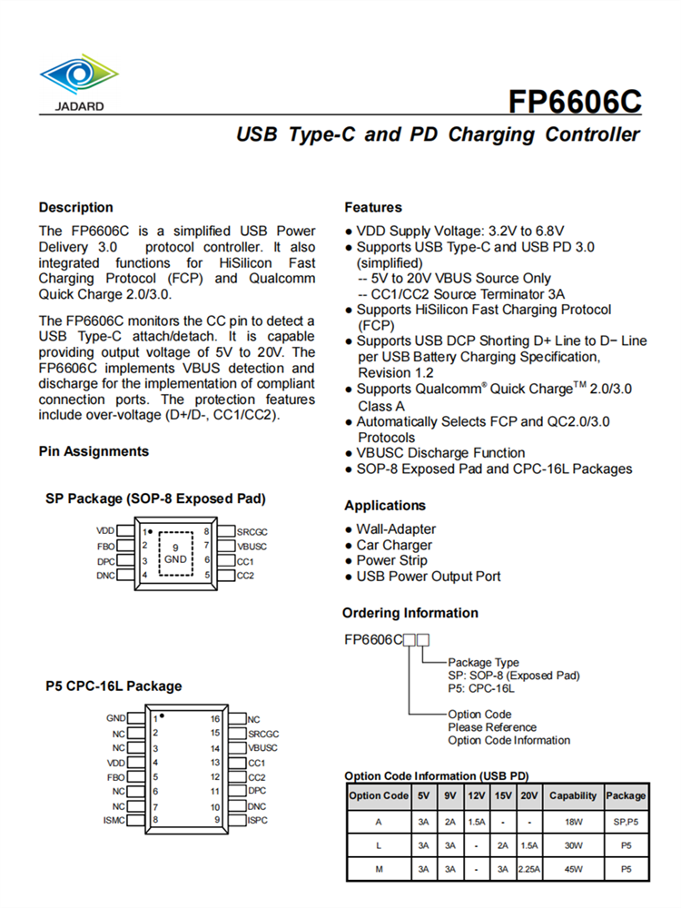 天德鈺FP6606C USB-PD3.0與Type-C協議控制器 天德鈺FP6606C USB-PD3.0與Type-C協議控制器