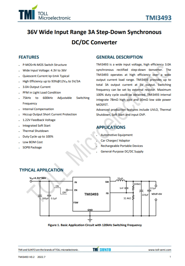 TMI3493  36V 寬輸入范圍 3A 降壓同步 DC/DC轉換器
