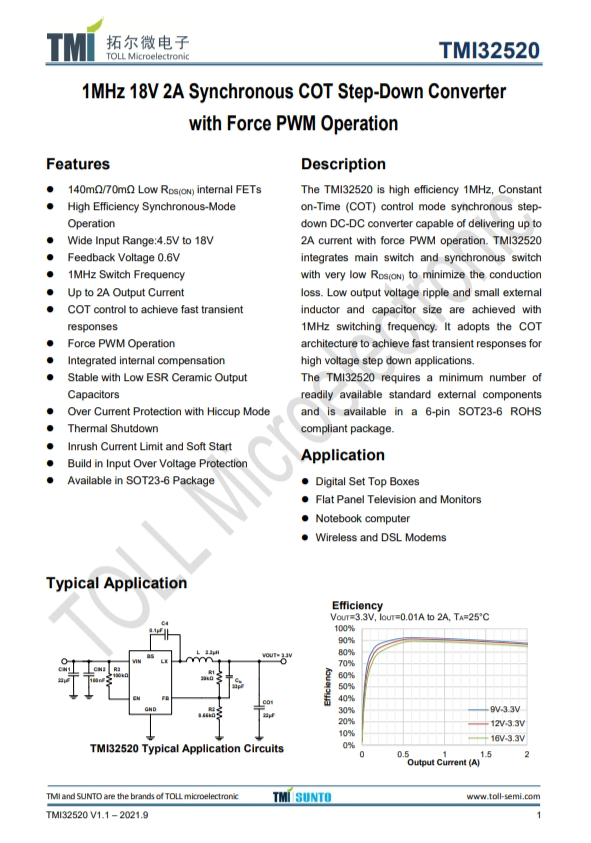 TMI32520  1MHz 18V 2A同步COT降壓型轉換器 強制PWM操作