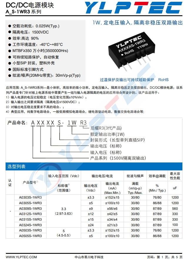 A0512S-1WR3 1W,定電壓輸入,隔離非穩壓雙路輸出 A0512S-1WR3 1W,定電壓輸入,隔離非穩壓雙路輸出