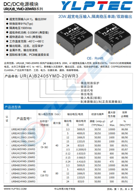 URB2412YMD-20WR3  20W,超寬電壓輸入,隔離穩(wěn)壓?jiǎn)温?雙路輸出