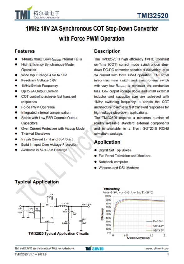 TMI32520  1MHz 18V 2A同步COT降壓型轉換器 強制PWM操作