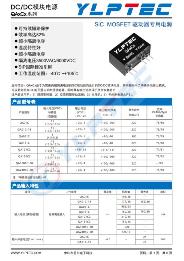 QA121C2 SiC MOSFET 驅動器專用電源 QA121C2 SiC MOSFET 驅動器專用電源