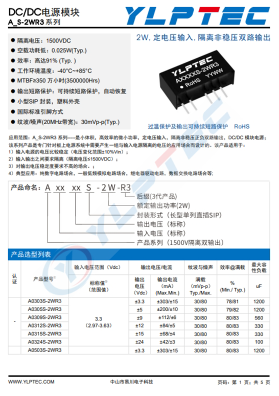 A0512S-2WR3 2W,定電壓輸入,隔離非穩壓雙路輸出 A0512S-2WR3 2W,定電壓輸入,隔離非穩壓雙路輸出