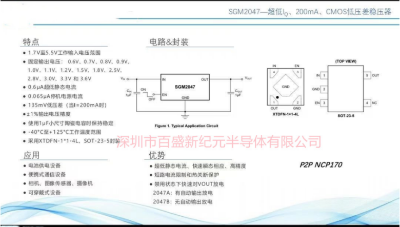 SGM2047-1 SGM2047??PIN?TO?PIN???NCP170 廣范應用:電池供電設備;便攜式通信設備;相機、圖像傳感器